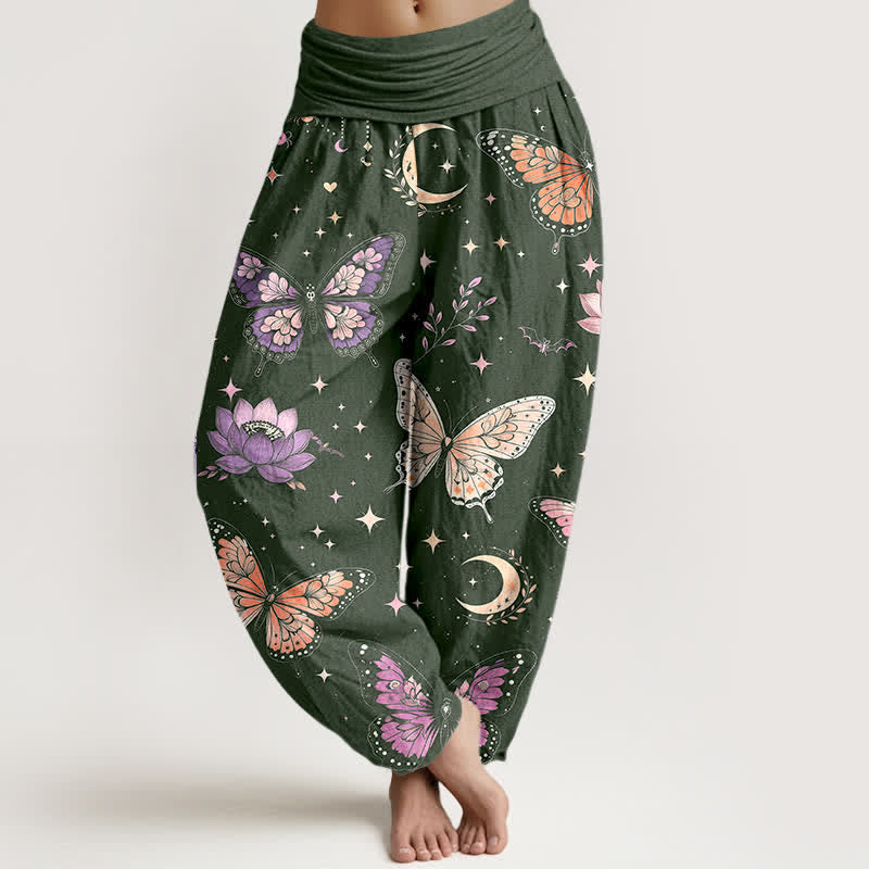 Buddha Stones Cotton Butterfly Moon Lotus Pattern Women's Elastic Waist Harem Pants - ForestGreen - US16,UK/AU20,EU48 (3XL) - image 5