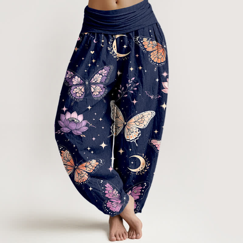 Buddha Stones Cotton Butterfly Moon Lotus Pattern Women's Elastic Waist Harem Pants - Navy - US16,UK/AU20,EU48 (3XL) - image 8