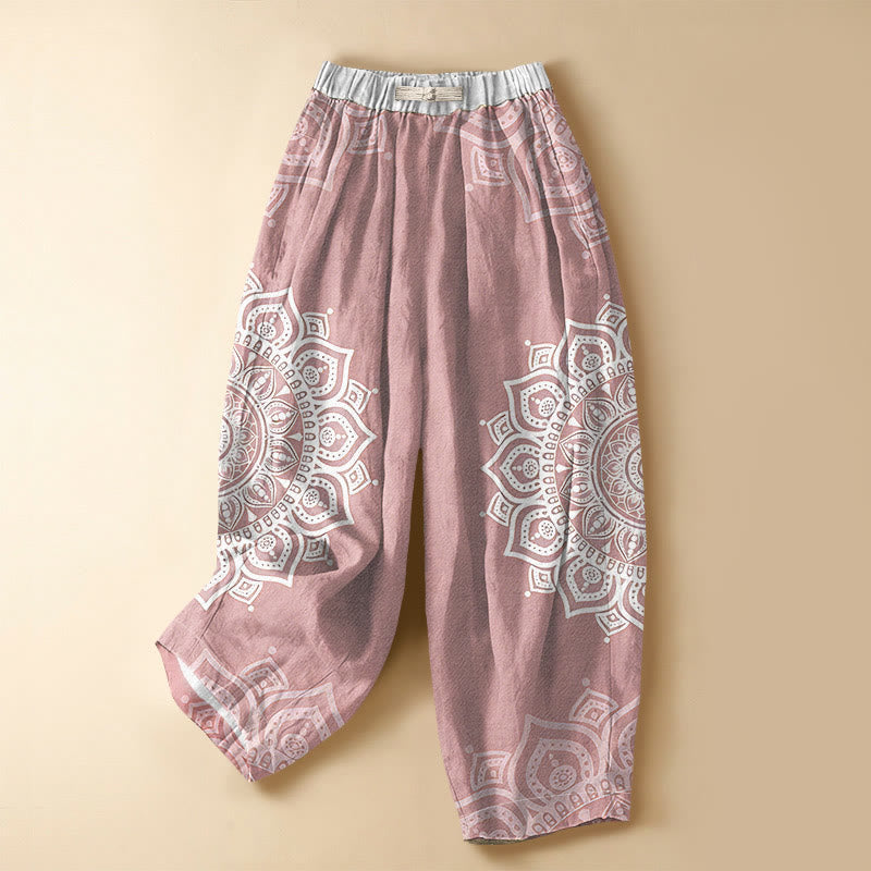 Buddha Stones Pure Cotton Bohemian White Mandala Pattern Frog Button Women's Elastic Waist Harem Pants With Pockets - LightPink - US16,UK/AU20,EU48 (3XL) - image 5