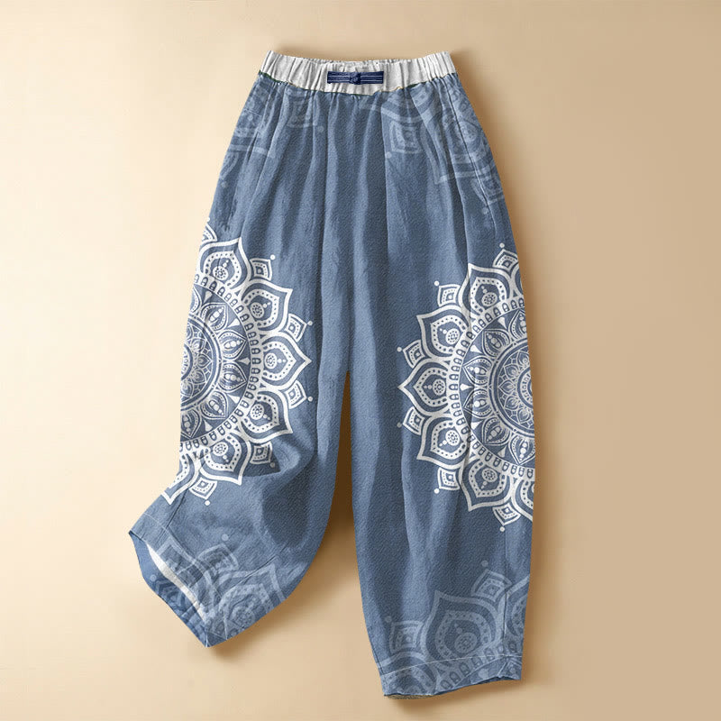 Buddha Stones Pure Cotton Bohemian White Mandala Pattern Frog Button Women's Elastic Waist Harem Pants With Pockets - SteelBlue - US16,UK/AU20,EU48 (3XL) - image 7