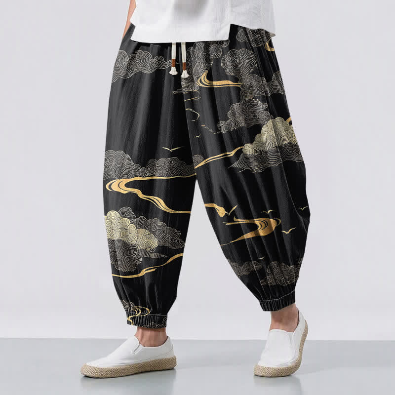 Buddha Stones Pure Cotton Golden Cloud Pattern Drawstring Men's Harem Pants With Pockets - Black - US/UK/AU50,EU60 (5XL) - image 0