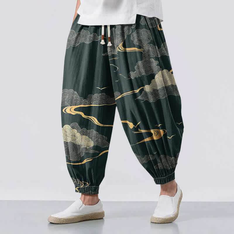 Buddha Stones Pure Cotton Golden Cloud Pattern Drawstring Men's Harem Pants With Pockets - DarkGreen - US/UK/AU50,EU60 (5XL) - image 6