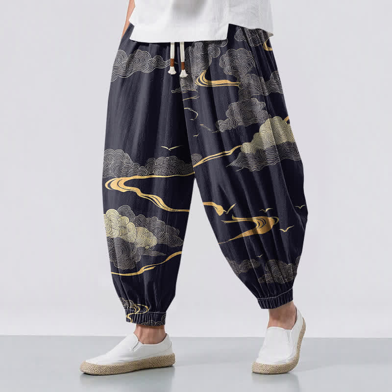 Buddha Stones Pure Cotton Golden Cloud Pattern Drawstring Men's Harem Pants With Pockets - Navy - US/UK/AU50,EU60 (5XL) - image 12