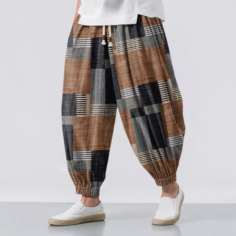 Buddha Stones Pure Cotton Patchwork Plaid Stripe Pattern Drawstring Men's Harem Pants With Pockets - Peru - US/UK/AU50,EU60 (5XL) - image 0