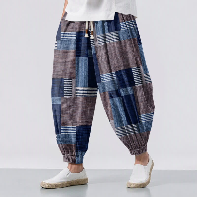Buddha Stones Pure Cotton Patchwork Plaid Stripe Pattern Drawstring Men's Harem Pants With Pockets - Navy - US/UK/AU50,EU60 (5XL) - image 6