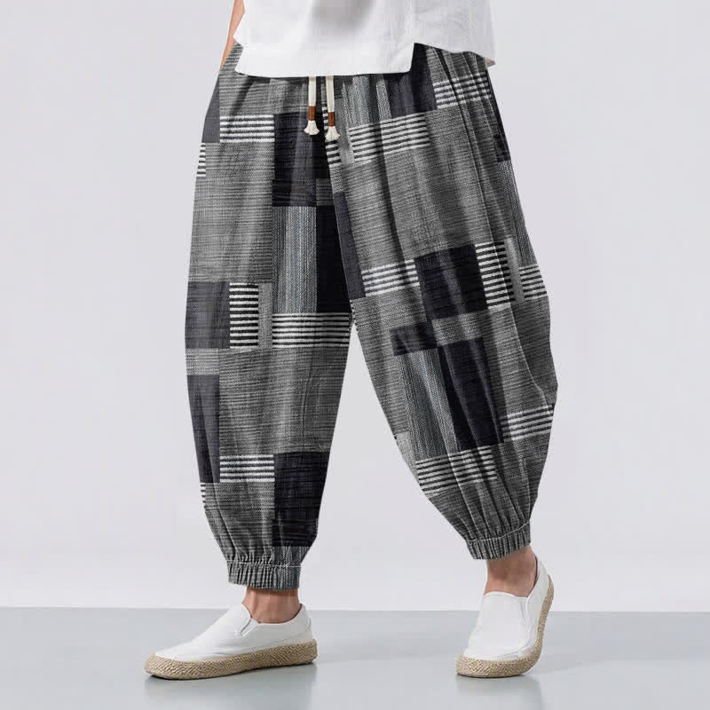 Buddha Stones Pure Cotton Patchwork Plaid Stripe Pattern Drawstring Men's Harem Pants With Pockets - Gray - US/UK/AU50,EU60 (5XL) - image 12