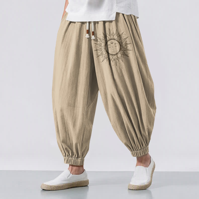 Buddha Stones Pure Cotton Sun Face Pattern Drawstring Men's Harem Pants With Pockets - BurlyWood - US/UK/AU50,EU60 (5XL) - image 0