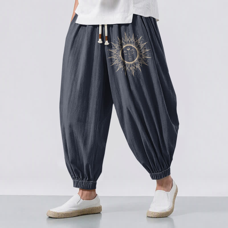 Buddha Stones Pure Cotton Sun Face Pattern Drawstring Men's Harem Pants With Pockets - SlateGray - US/UK/AU50,EU60 (5XL) - image 6