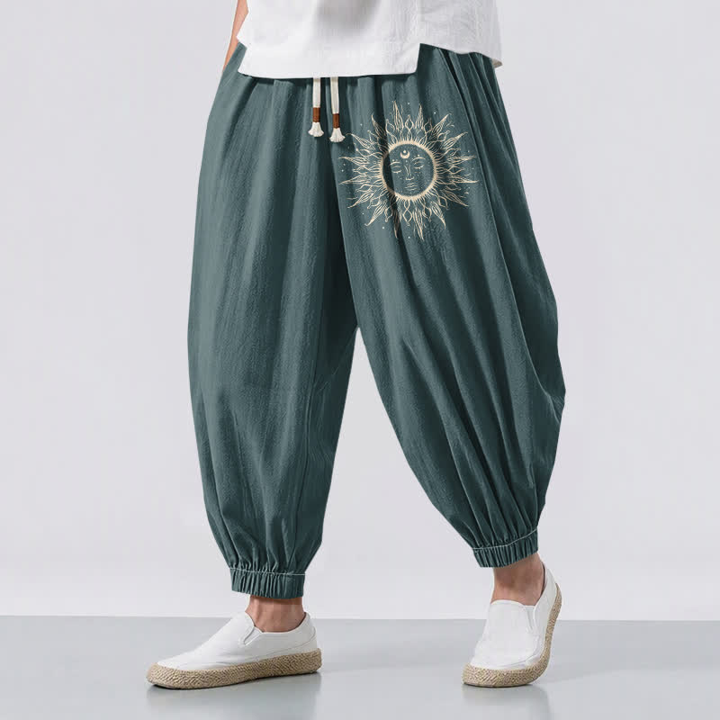 Buddha Stones Pure Cotton Sun Face Pattern Drawstring Men's Harem Pants With Pockets - Teal - US/UK/AU50,EU60 (5XL) - image 12