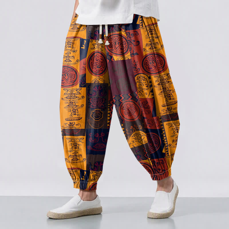 Buddha Stones Pure Cotton Tribal Medallion Patchwork Pattern Drawstring Men's Harem Pants With Pockets - Goldenrod - US/UK/AU50,EU60 (5XL) - image 0