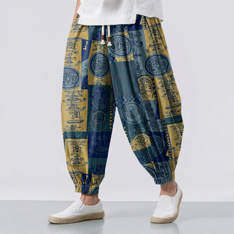 Buddha Stones Pure Cotton Tribal Medallion Patchwork Pattern Drawstring Men's Harem Pants With Pockets - SteelBlue - US/UK/AU50,EU60 (5XL) - image 6