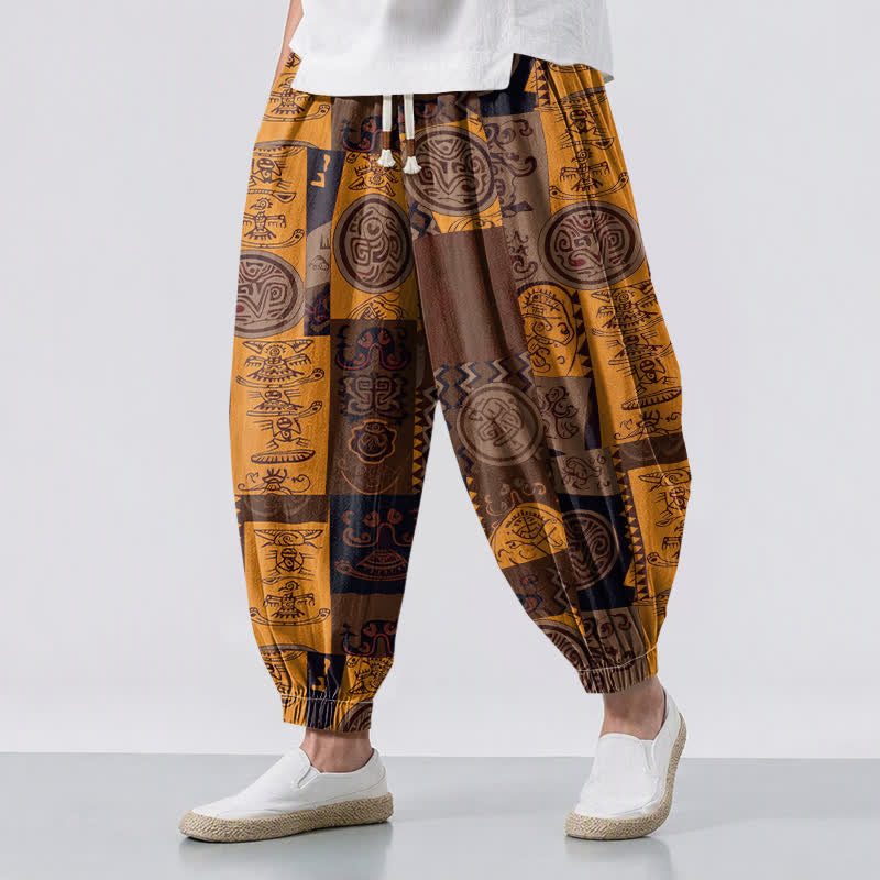 Buddha Stones Pure Cotton Tribal Medallion Patchwork Pattern Drawstring Men's Harem Pants With Pockets - SaddleBrown - US/UK/AU50,EU60 (5XL) - image 12
