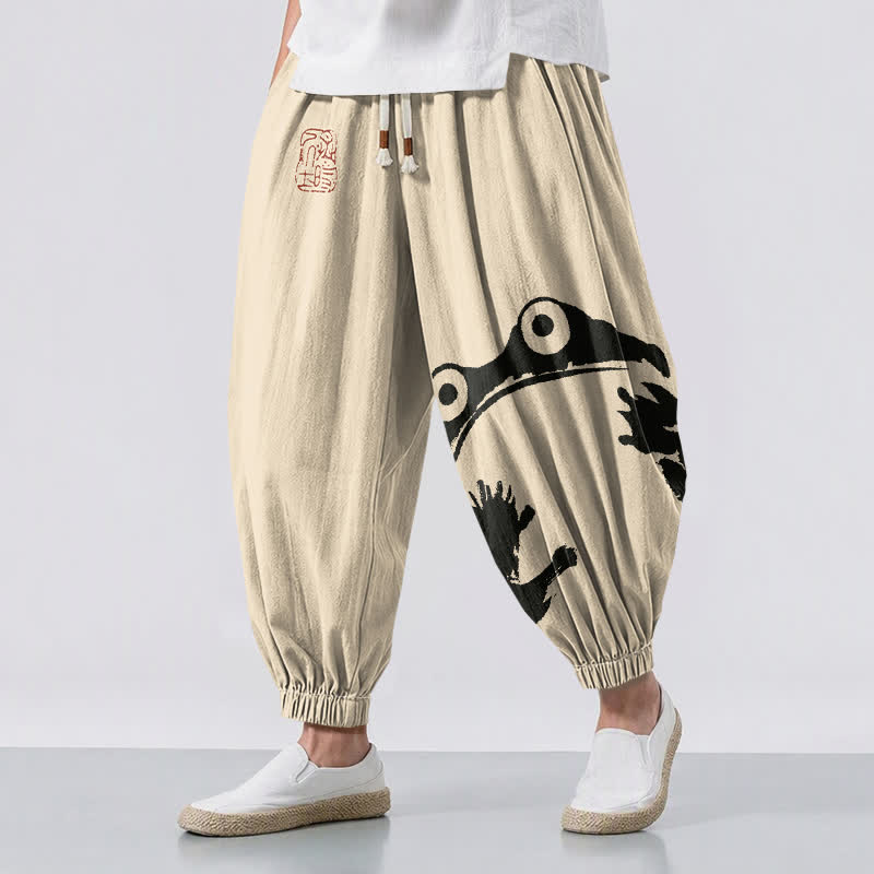 Buddha Stones Pure Cotton Playful Frog Pattern Drawstring Men's Harem Pants With Pockets - Beige - US/UK/AU50,EU60 (5XL) - image 0