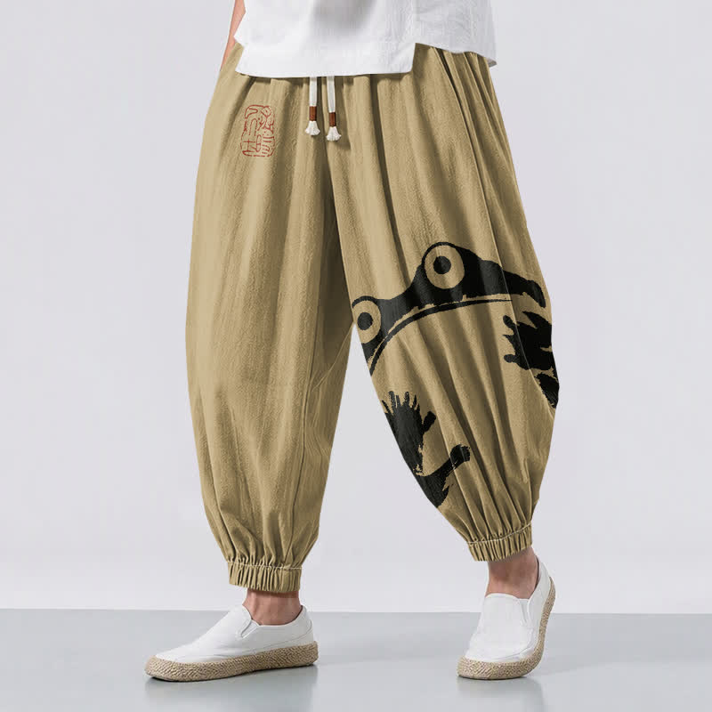 Buddha Stones Pure Cotton Playful Frog Pattern Drawstring Men's Harem Pants With Pockets - Tan - US/UK/AU50,EU60 (5XL) - image 6
