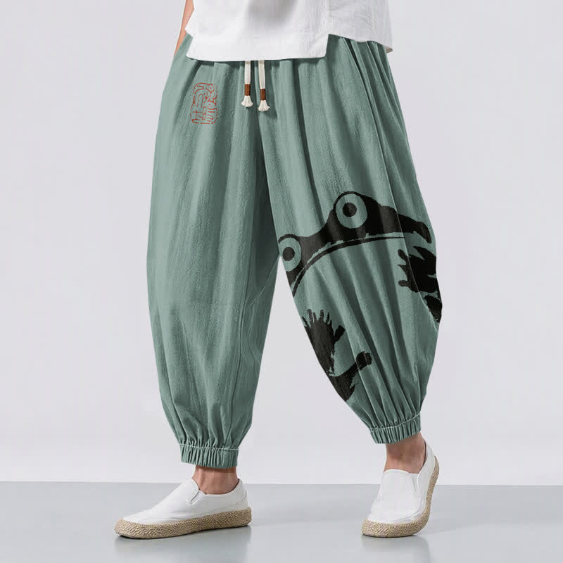 Buddha Stones Pure Cotton Playful Frog Pattern Drawstring Men's Harem Pants With Pockets - CadetBlue - US/UK/AU50,EU60 (5XL) - image 12