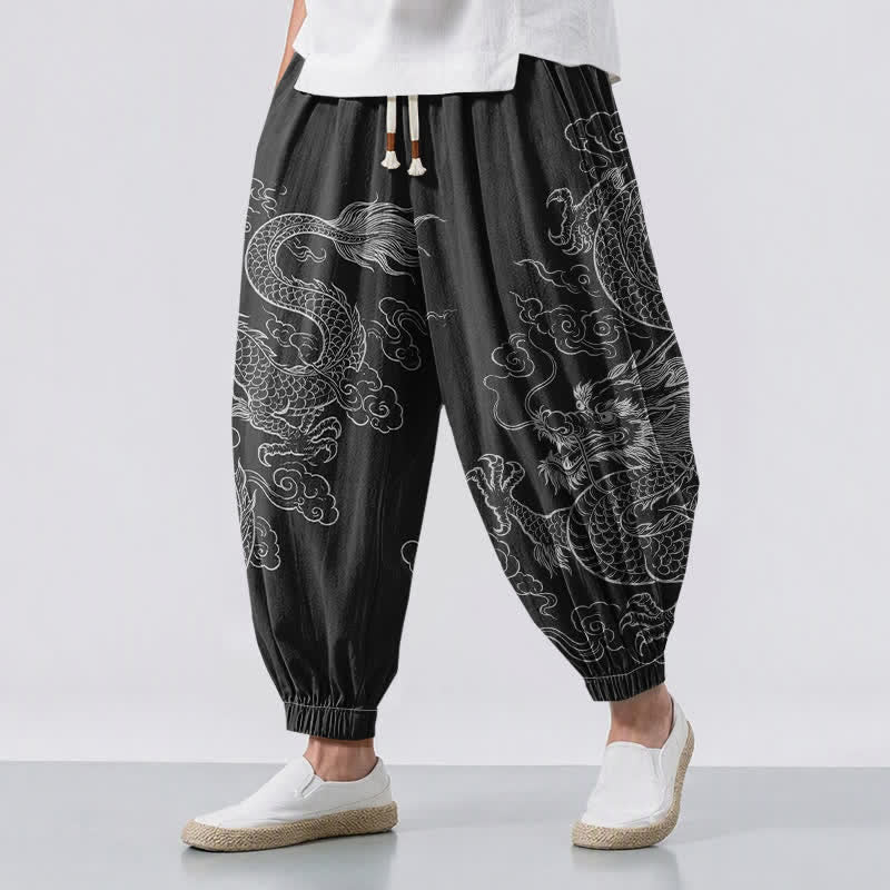 Buddha Stones Pure Cotton Dragon Cloud Pattern Drawstring Men's Harem Pants With Pockets - Black - US/UK/AU50,EU60 (5XL) - image 0