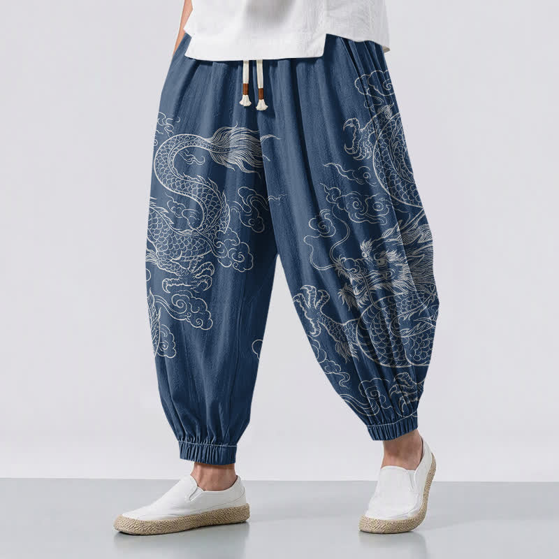 Buddha Stones Pure Cotton Dragon Cloud Pattern Drawstring Men's Harem Pants With Pockets - SteelBlue - US/UK/AU50,EU60 (5XL) - image 6