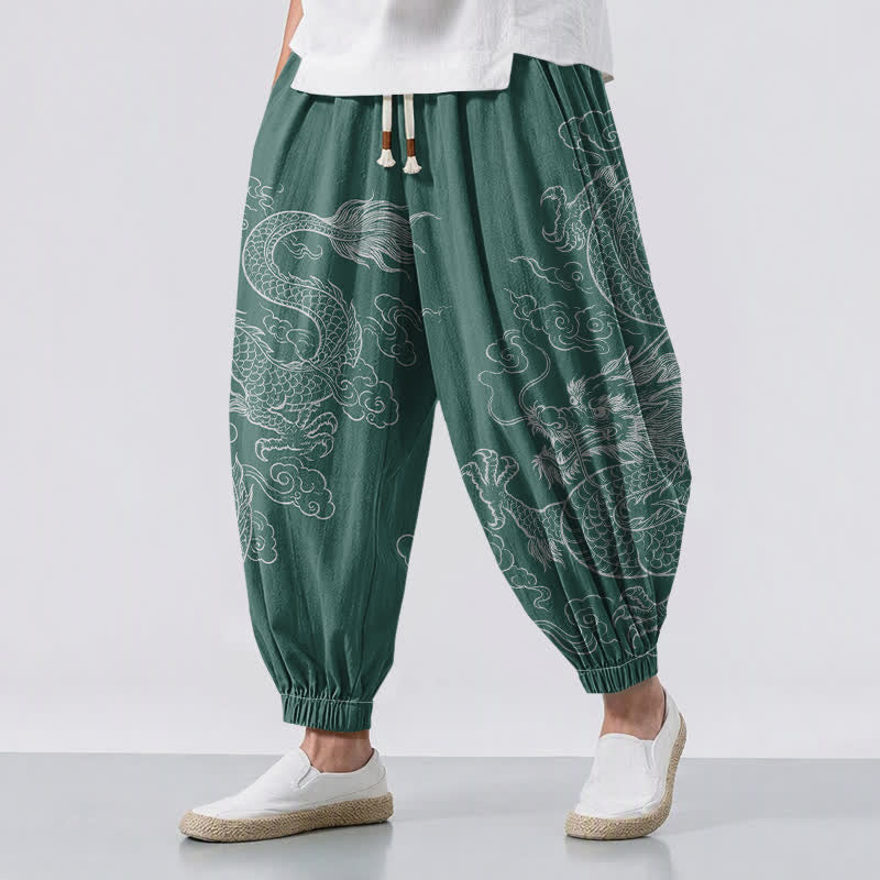 Buddha Stones Pure Cotton Dragon Cloud Pattern Drawstring Men's Harem Pants With Pockets - SeaGreen - US/UK/AU50,EU60 (5XL) - image 12