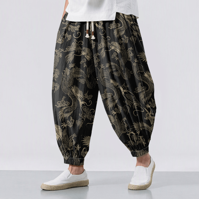 Buddha Stones Pure Cotton Mythic Dragon Auspicious Clouds Pattern Drawstring Men's Harem Pants With Pockets - Black - US/UK/AU50,EU60 (5XL) - image 0