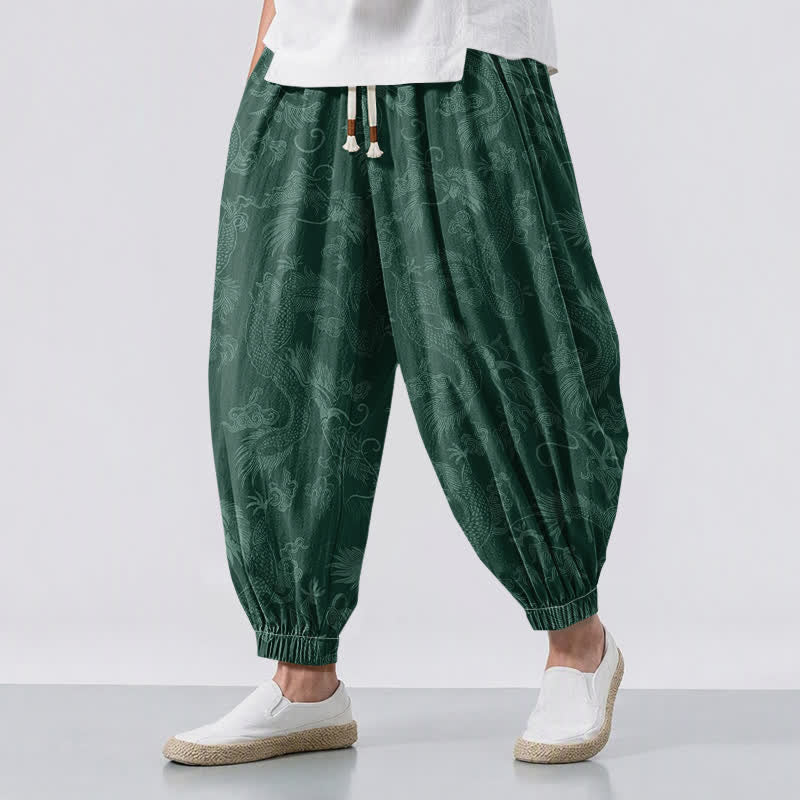 Buddha Stones Pure Cotton Mythic Dragon Auspicious Clouds Pattern Drawstring Men's Harem Pants With Pockets - ForestGreen - US/UK/AU50,EU60 (5XL) - image 12
