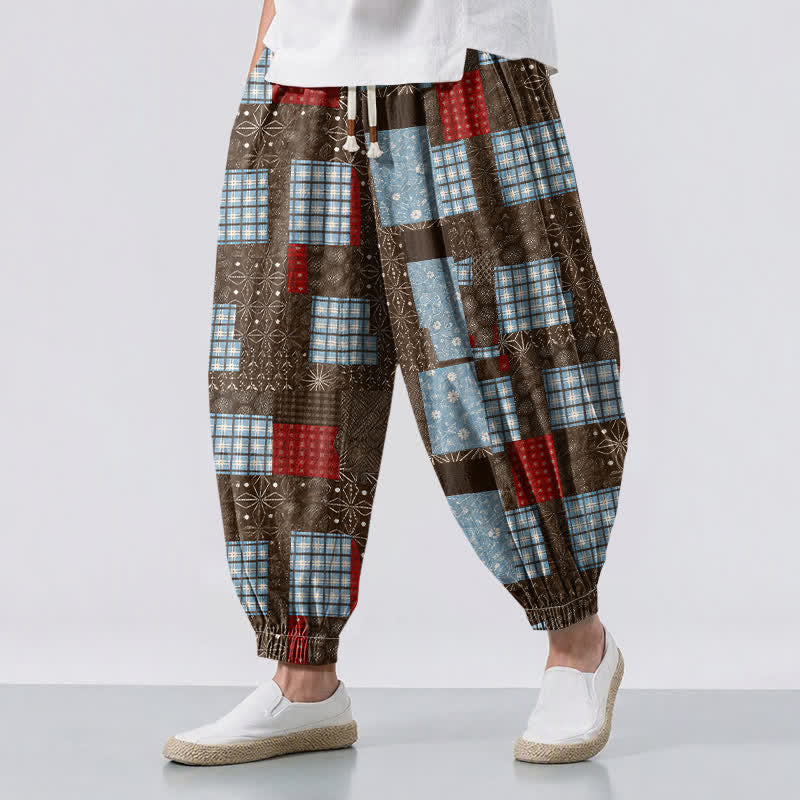 Buddha Stones Pure Cotton Vintage Patchwork Plaid Pattern Drawstring Men's Harem Pants With Pockets - SaddleBrown - US/UK/AU50,EU60 (5XL) - image 0