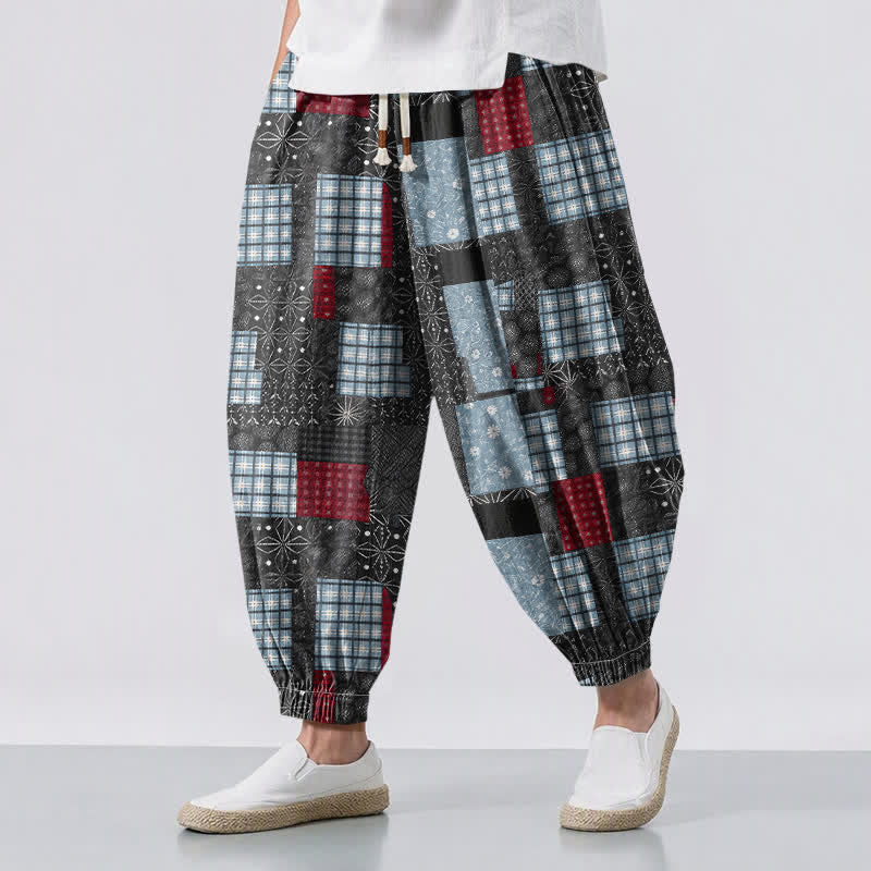 Buddha Stones Pure Cotton Vintage Patchwork Plaid Pattern Drawstring Men's Harem Pants With Pockets - Black - US/UK/AU50,EU60 (5XL) - image 6