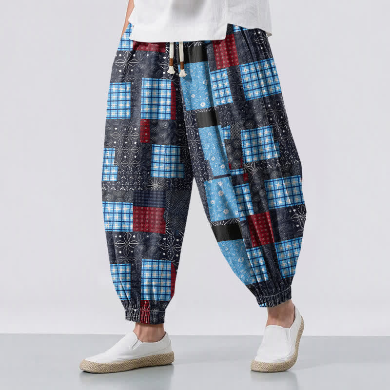 Buddha Stones Pure Cotton Vintage Patchwork Plaid Pattern Drawstring Men's Harem Pants With Pockets - SkyBlue - US/UK/AU50,EU60 (5XL) - image 12
