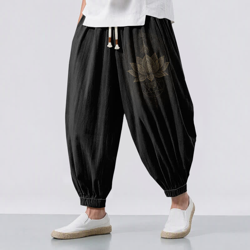 Buddha Stones Pure Cotton Golden Lotus Mandala Geometry Pattern Drawstring Men's Harem Pants With Pockets - Black - US/UK/AU50,EU60 (5XL) - image 0