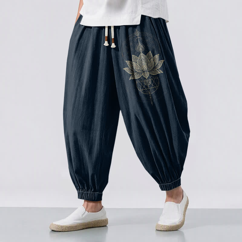 Buddha Stones Pure Cotton Golden Lotus Mandala Geometry Pattern Drawstring Men's Harem Pants With Pockets - Navy - US/UK/AU50,EU60 (5XL) - image 6