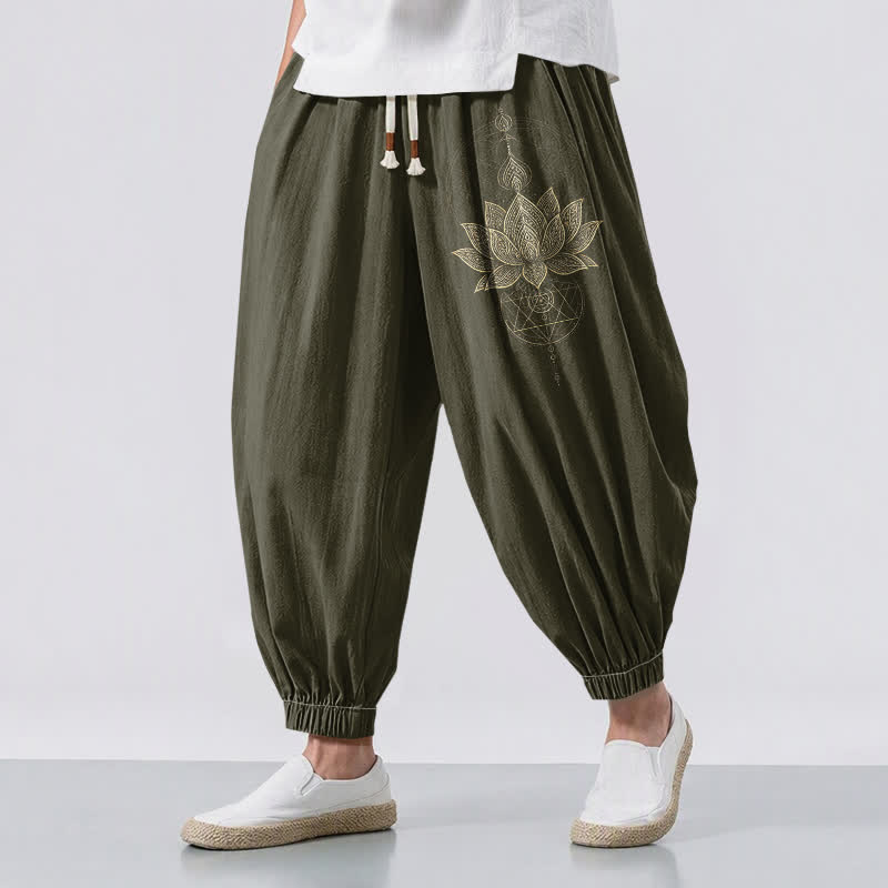 Buddha Stones Pure Cotton Golden Lotus Mandala Geometry Pattern Drawstring Men's Harem Pants With Pockets - DarkOliveGreen - US/UK/AU50,EU60 (5XL) - image 12