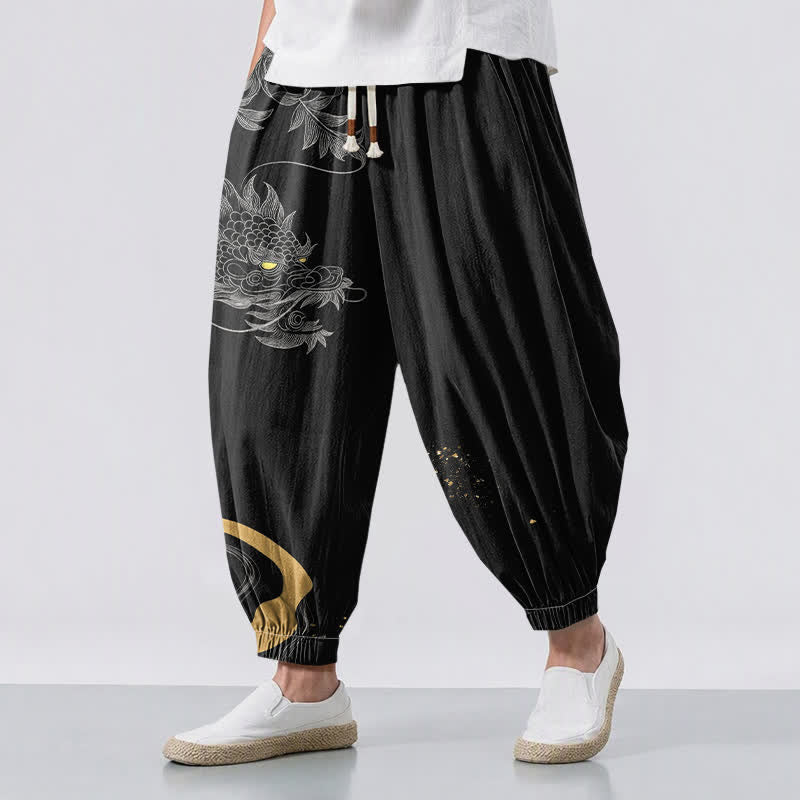 Buddha Stones Pure Cotton Eastern Dragon Pattern Drawstring Men's Harem Pants With Pockets - Black - US/UK/AU50,EU60 (5XL) - image 0
