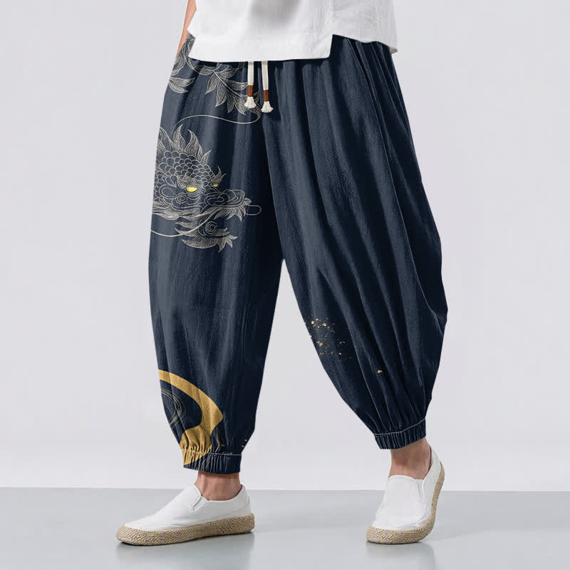 Buddha Stones Pure Cotton Eastern Dragon Pattern Drawstring Men's Harem Pants With Pockets - Navy - US/UK/AU50,EU60 (5XL) - image 6