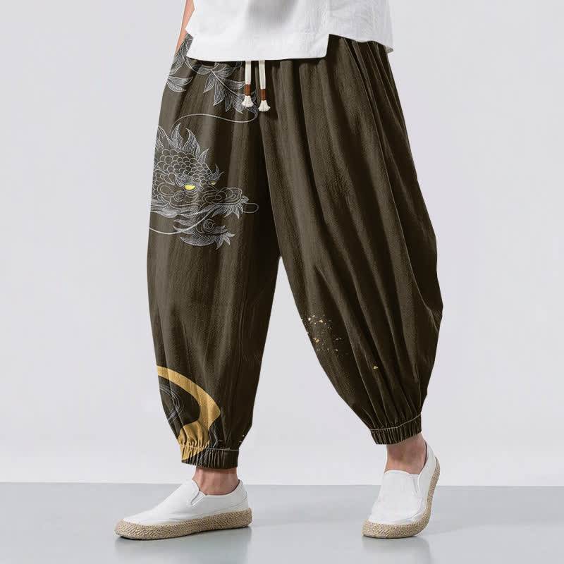 Buddha Stones Pure Cotton Eastern Dragon Pattern Drawstring Men's Harem Pants With Pockets - Olive - US/UK/AU50,EU60 (5XL) - image 12