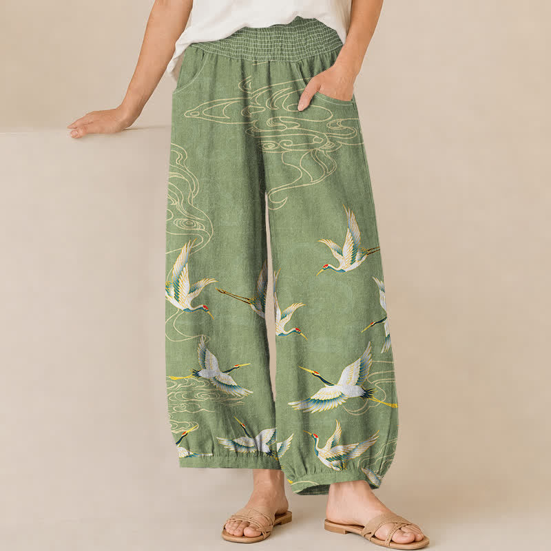 Buddha Stones Cotton Oriental Crane Cloud Pattern Pleated Elastic Waist Women's Harem Pants With Pockets - PaleGreen - US16,UK/AU20,EU48 (3XL) - image 6