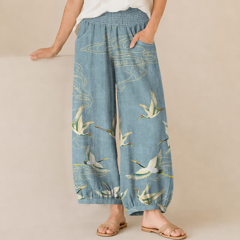 Buddha Stones Cotton Oriental Crane Cloud Pattern Pleated Elastic Waist Women's Harem Pants With Pockets - LightBlue - US16,UK/AU20,EU48 (3XL) - image 10