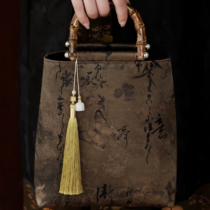 Buddha Stones Bamboo Leaves Butterfly Koi Fish Bamboo Handles Handbag Handbags BS 19