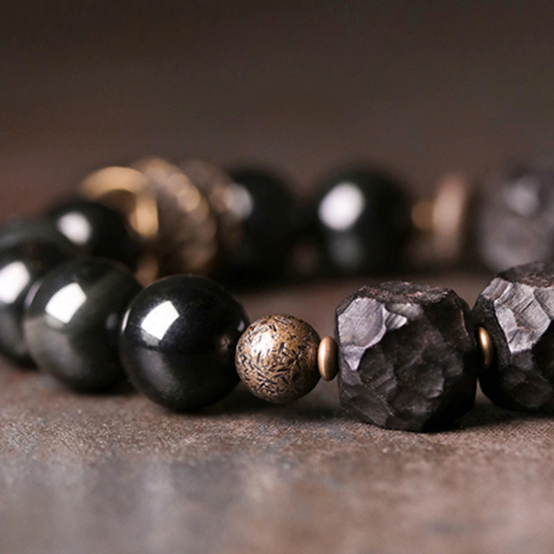 Buddha Stones Black Obsidian Ebony Wood Copper Strength Couple Bracelet - image 8