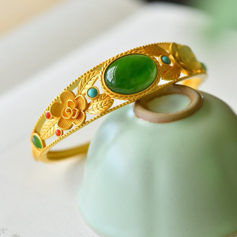 Buddha Stones Cyan Jade White Jade Flower Leaf Harmony Luck Bracelet Bangle Bracelet Bangle BS 3