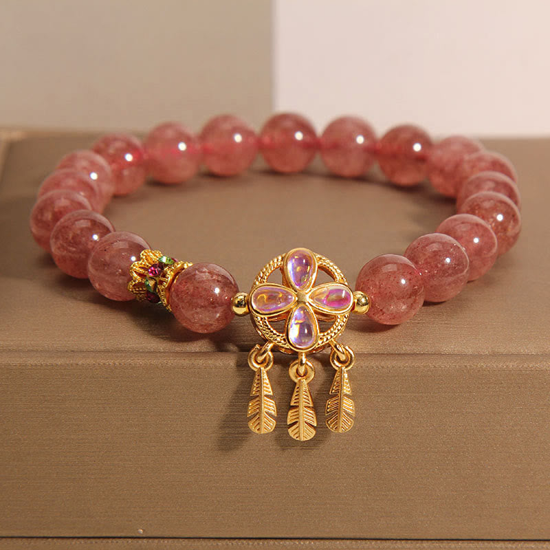 Buddha Stones Natural Strawberry Quartz Four Leaf Clover Dreamcatcher Charm Love Bracelet Bracelet BS Strawberry Quartz(Wrist Circumference 14-16cm)