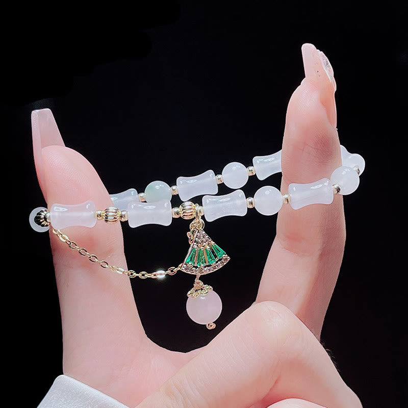 Buddha Stones Tianshan White Jade Bamboo Pattern Luck Blessing Bracelet 7