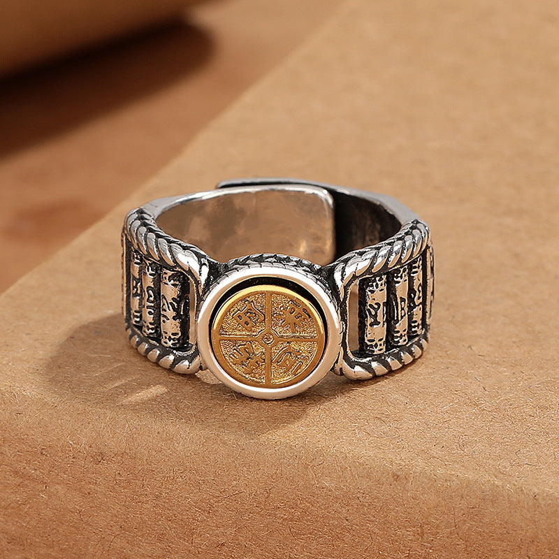 Buddha Stones Tibetan Om Mani Padme Hum Carved Design Copper Coin Purity Rotatable Ring Ring BS 1