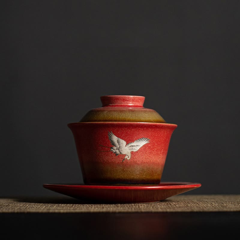 Buddha Stones Red Auspicious Crane Ceramic Gaiwan Sancai Teacup Kung Fu Tea Cup And Saucer With Lid Cup BS 12.4cm*8.8cm*100ml