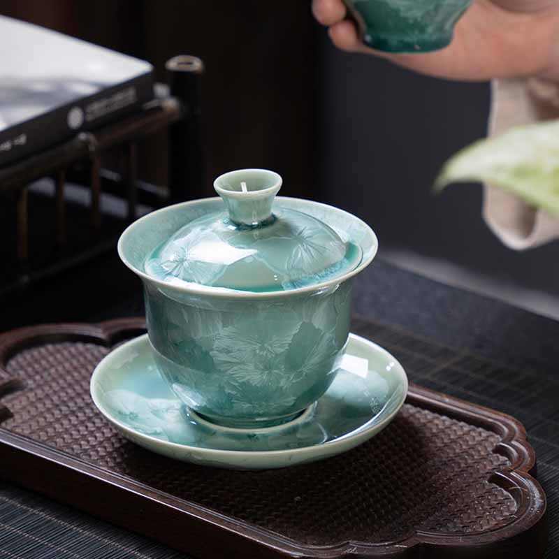 Buddha Stones Traditional Glaze Ceramic Gaiwan Sancai Teacup Kung Fu Tea Cup And Saucer With Lid 180ml Cup BS 3