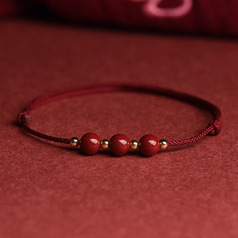 Buddha Stones Natural Lucky Cinnabar Bead Blessing String Bracelet Anklet Bracelet BS Three Cinnabar Bead Dark Red Bracelet(Wrist Circumference 14-18cm)