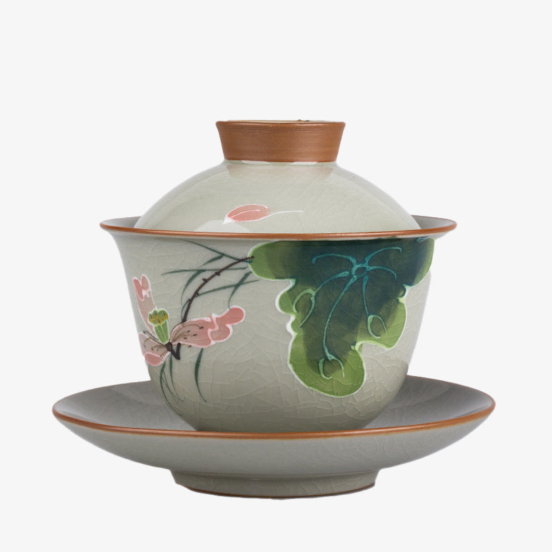 Buddha Stones Lotus Koi Fish Pod Leaf Ceramic Gaiwan Sancai Teacup Kung Fu Tea Cup And Saucer With Lid 140ml Cup BS 17