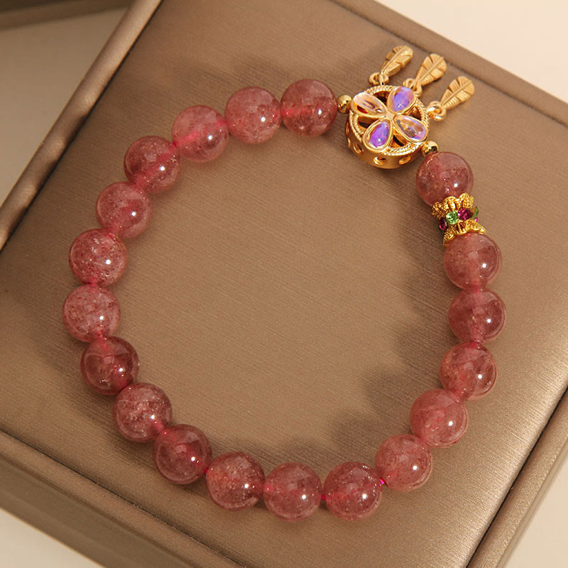 Buddha Stones Natural Strawberry Quartz Four Leaf Clover Dreamcatcher Charm Love Bracelet Bracelet BS 4