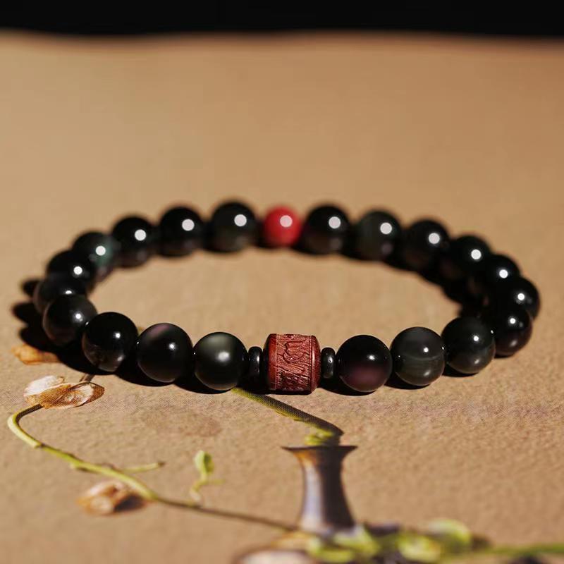 Buddha Stones Natural Gold Sheen Obsidian Rainbow Obsidian Om Mani Padme Hum Fu Character Healing Bracelet Bracelet BS 10mm Rainbow Obsidian Cinnabar Om Mani Padme Hum(Wrist Circumference 14-16cm)