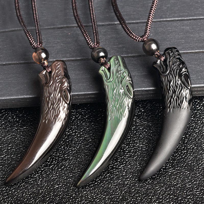 Buddha Stones Natural Black Obsidian Ice Obsidian Rainbow Obsidian Wolf Tooth Pattern Strength Necklace Pendant Necklaces & Pendants BS 1