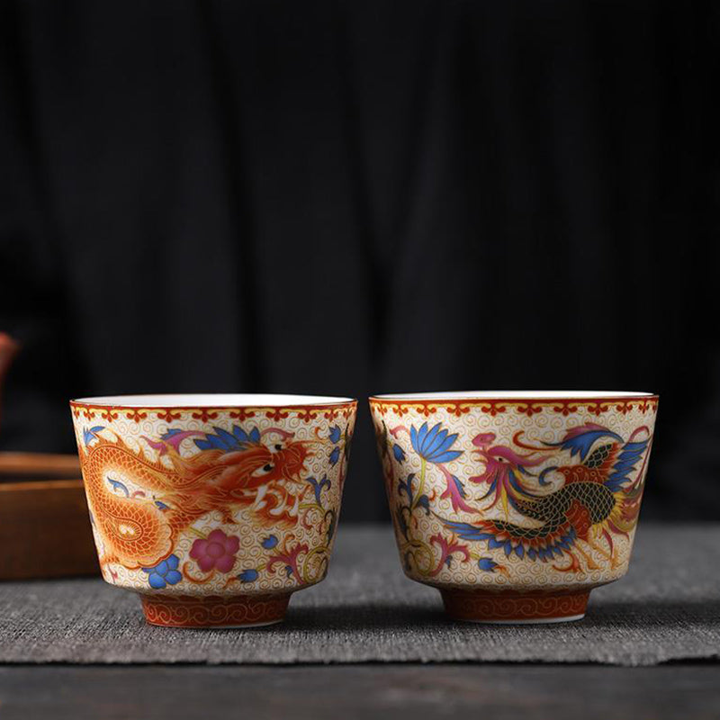 Buddha Stones 2Pcs Dragon Phoenix Ceramic Teacup Kung Fu Tea Cups Cup BS 1