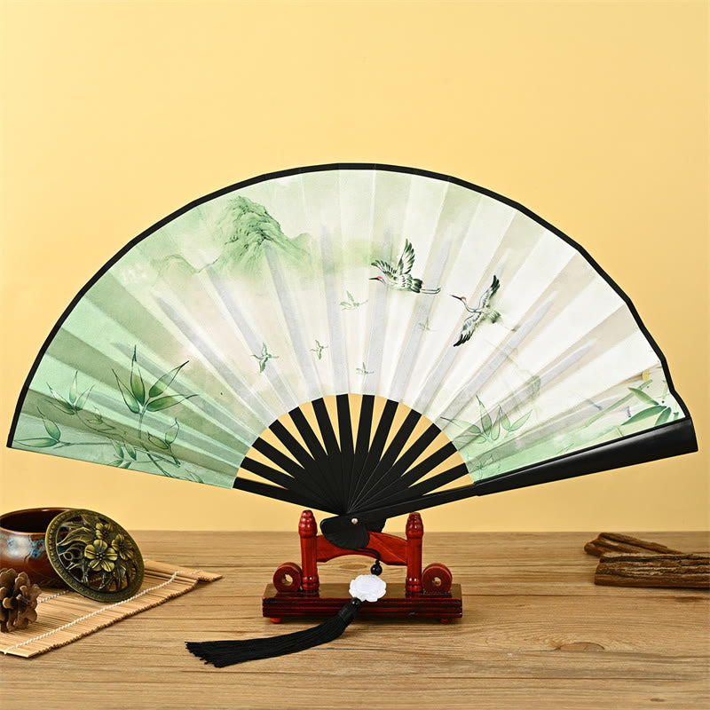 Buddha Stones Vintage Phoenix Nine-Tailed Fox Flower Bamboo Tiger Handheld Folding Fan Lotus Tassel Fan Folding Fan BS Bamboo and Crane